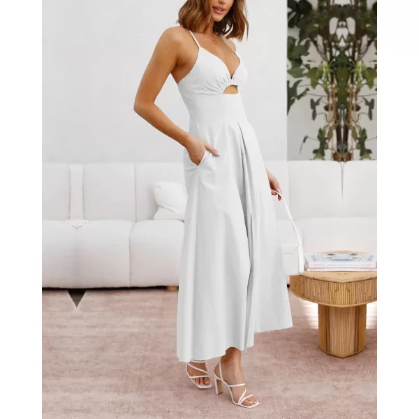 BTFBM Women 2024 Summer Spaghetti Strap Dress Sleeveless V Neck Cutout Slit Casual Beach Party Maxi Dresses with PocketsSolid White