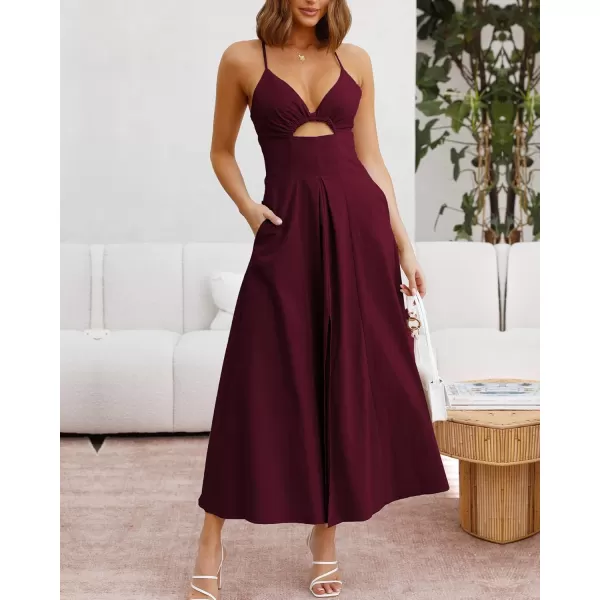 BTFBM Women 2024 Summer Spaghetti Strap Dress Sleeveless V Neck Cutout Slit Casual Beach Party Maxi Dresses with PocketsSolid Wine Red