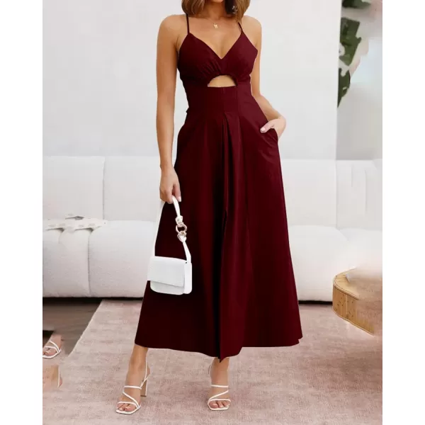 BTFBM Women 2024 Summer Spaghetti Strap Dress Sleeveless V Neck Cutout Slit Casual Beach Party Maxi Dresses with PocketsSolid Wine Red