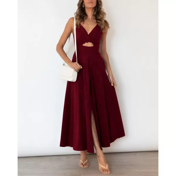 BTFBM Women 2024 Summer Spaghetti Strap Dress Sleeveless V Neck Cutout Slit Casual Beach Party Maxi Dresses with PocketsSolid Wine Red