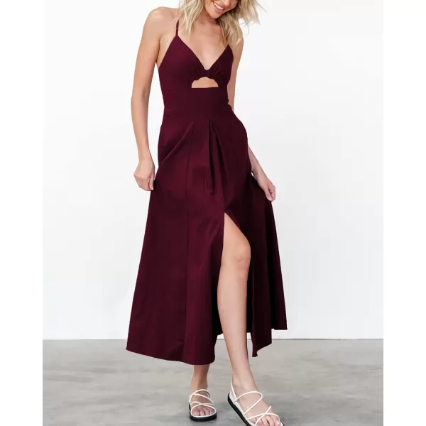 BTFBM Women 2024 Summer Spaghetti Strap Dress Sleeveless V Neck Cutout Slit Casual Beach Party Maxi Dresses with PocketsSolid Wine Red