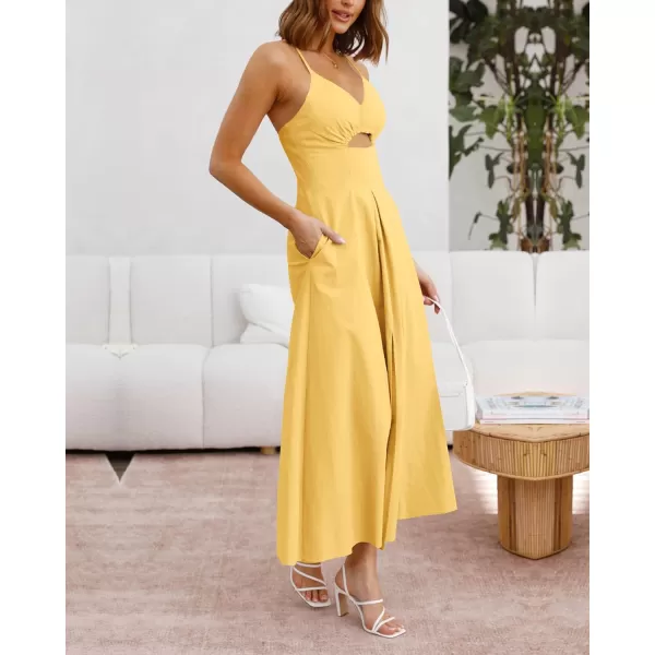 BTFBM Women 2024 Summer Spaghetti Strap Dress Sleeveless V Neck Cutout Slit Casual Beach Party Maxi Dresses with PocketsSolid Yellow