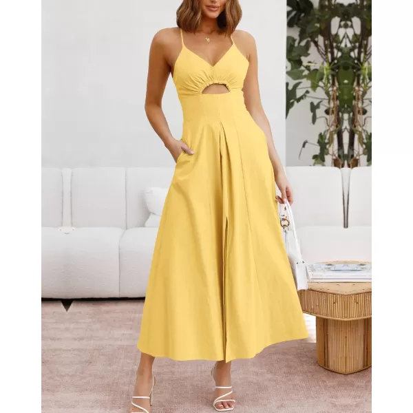 BTFBM Women 2024 Summer Spaghetti Strap Dress Sleeveless V Neck Cutout Slit Casual Beach Party Maxi Dresses with PocketsSolid Yellow