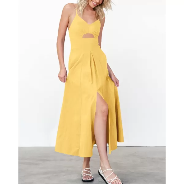 BTFBM Women 2024 Summer Spaghetti Strap Dress Sleeveless V Neck Cutout Slit Casual Beach Party Maxi Dresses with PocketsSolid Yellow