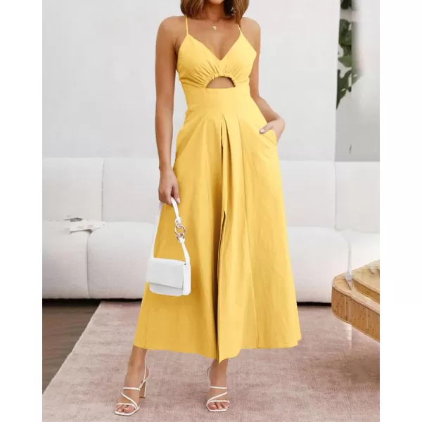 BTFBM Women 2024 Summer Spaghetti Strap Dress Sleeveless V Neck Cutout Slit Casual Beach Party Maxi Dresses with PocketsSolid Yellow