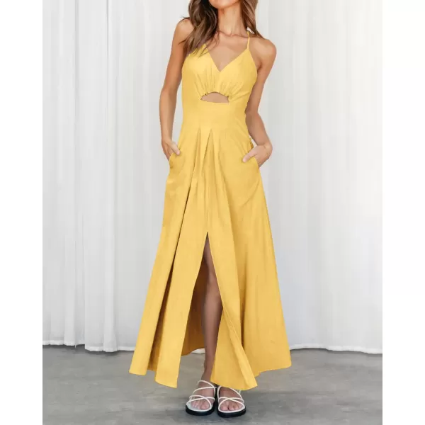 BTFBM Women 2024 Summer Spaghetti Strap Dress Sleeveless V Neck Cutout Slit Casual Beach Party Maxi Dresses with PocketsSolid Yellow