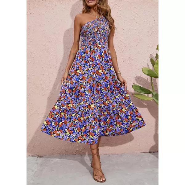 BTFBM Women One Shoulder Summer Dresses 2024 Sleeveless Casual High Waist Floral Flowy Beach Boho Smocked Maxi DressFloral Black Blue
