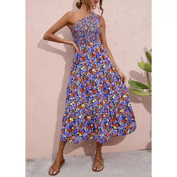 BTFBM Women One Shoulder Summer Dresses 2024 Sleeveless Casual High Waist Floral Flowy Beach Boho Smocked Maxi DressFloral Black Blue