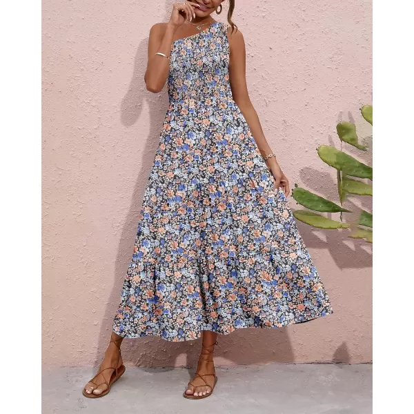 BTFBM Women One Shoulder Summer Dresses 2024 Sleeveless Casual High Waist Floral Flowy Beach Boho Smocked Maxi DressFloral Black Orange Blue