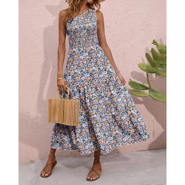 BTFBM Women One Shoulder Summer Dresses 2024 Sleeveless Casual High Waist Floral Flowy Beach Boho Smocked Maxi DressFloral Black Orange Blue