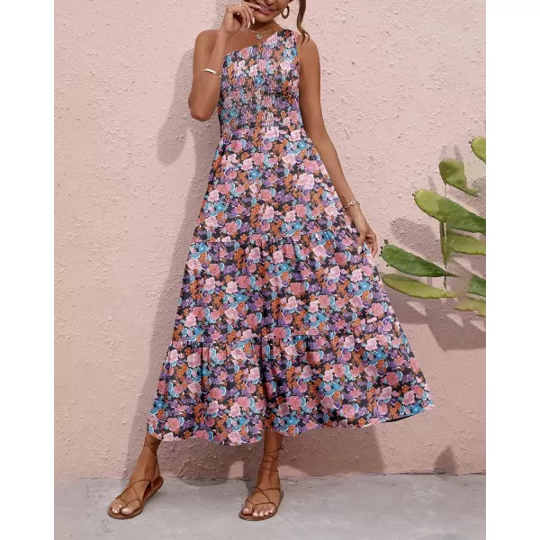 BTFBM Women One Shoulder Summer Dresses 2024 Sleeveless Casual High Waist Floral Flowy Beach Boho Smocked Maxi DressFloral Black Pink Blue