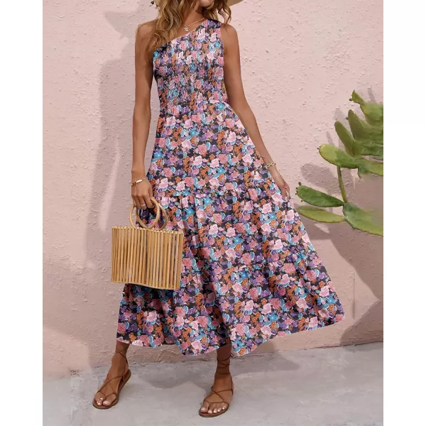 BTFBM Women One Shoulder Summer Dresses 2024 Sleeveless Casual High Waist Floral Flowy Beach Boho Smocked Maxi DressFloral Black Pink Blue