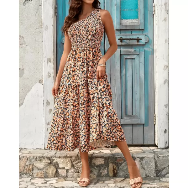 BTFBM Women One Shoulder Summer Dresses 2024 Sleeveless Casual High Waist Floral Flowy Beach Boho Smocked Maxi DressFloral Black Yellow