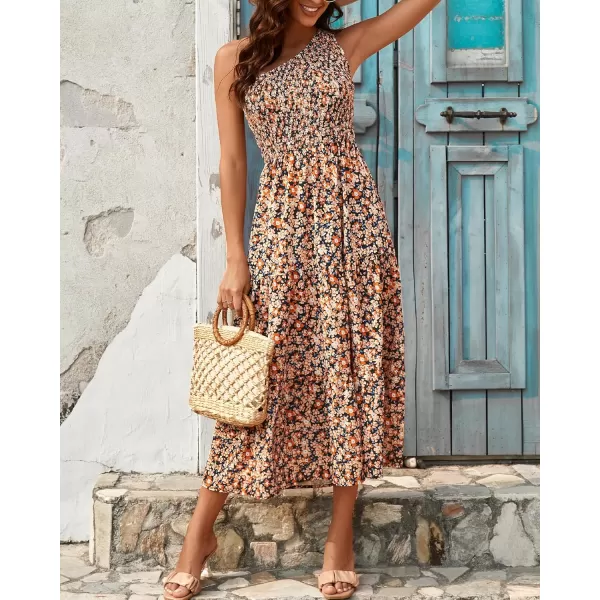 BTFBM Women One Shoulder Summer Dresses 2024 Sleeveless Casual High Waist Floral Flowy Beach Boho Smocked Maxi DressFloral Black Yellow