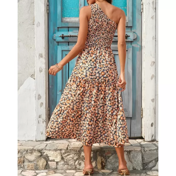 BTFBM Women One Shoulder Summer Dresses 2024 Sleeveless Casual High Waist Floral Flowy Beach Boho Smocked Maxi DressFloral Black Yellow