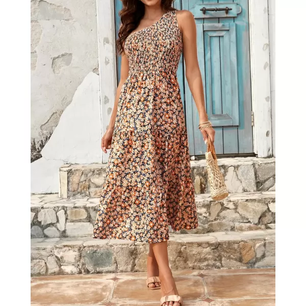 BTFBM Women One Shoulder Summer Dresses 2024 Sleeveless Casual High Waist Floral Flowy Beach Boho Smocked Maxi DressFloral Black Yellow