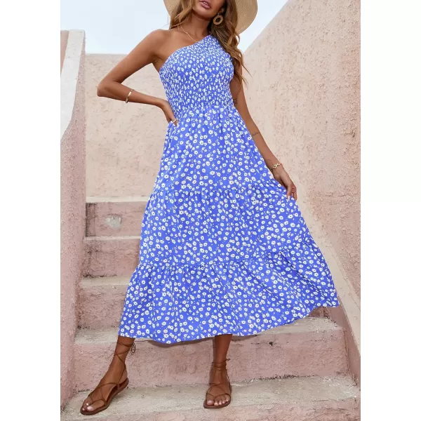 BTFBM Women One Shoulder Summer Dresses 2024 Sleeveless Casual High Waist Floral Flowy Beach Boho Smocked Maxi DressFloral Blue White