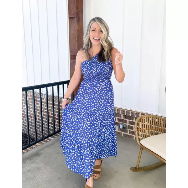 BTFBM Women One Shoulder Summer Dresses 2024 Sleeveless Casual High Waist Floral Flowy Beach Boho Smocked Maxi DressFloral Blue White
