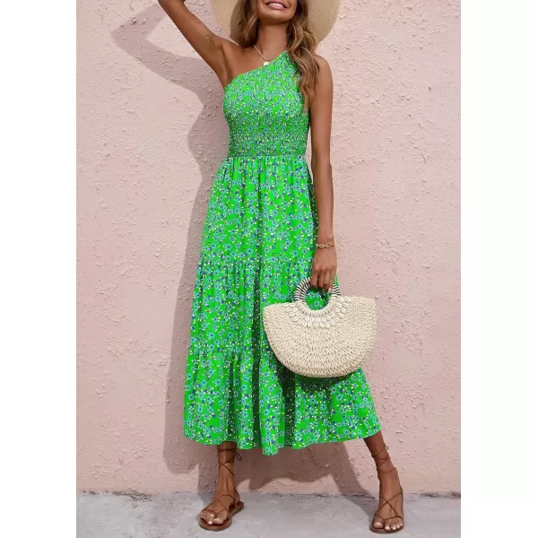 BTFBM Women One Shoulder Summer Dresses 2024 Sleeveless Casual High Waist Floral Flowy Beach Boho Smocked Maxi DressFloral Green Blue