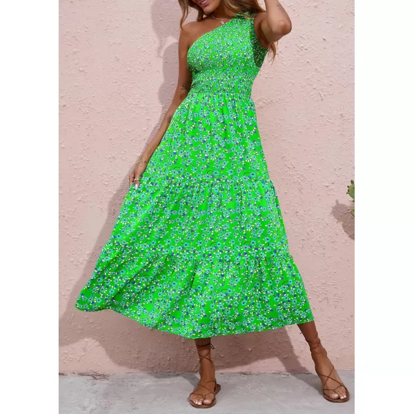 BTFBM Women One Shoulder Summer Dresses 2024 Sleeveless Casual High Waist Floral Flowy Beach Boho Smocked Maxi DressFloral Green Blue