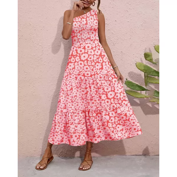 BTFBM Women One Shoulder Summer Dresses 2024 Sleeveless Casual High Waist Floral Flowy Beach Boho Smocked Maxi DressFloral Orange Pink