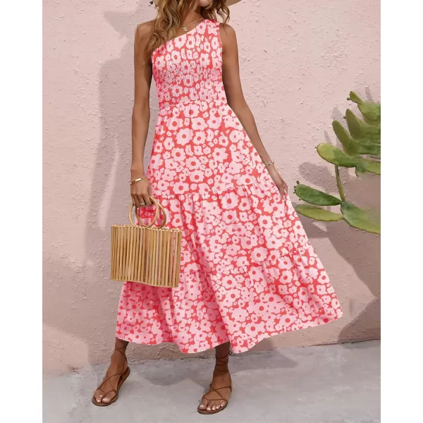 BTFBM Women One Shoulder Summer Dresses 2024 Sleeveless Casual High Waist Floral Flowy Beach Boho Smocked Maxi DressFloral Orange Pink