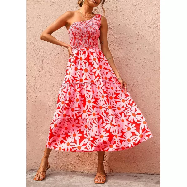 BTFBM Women One Shoulder Summer Dresses 2024 Sleeveless Casual High Waist Floral Flowy Beach Boho Smocked Maxi DressFloral Red