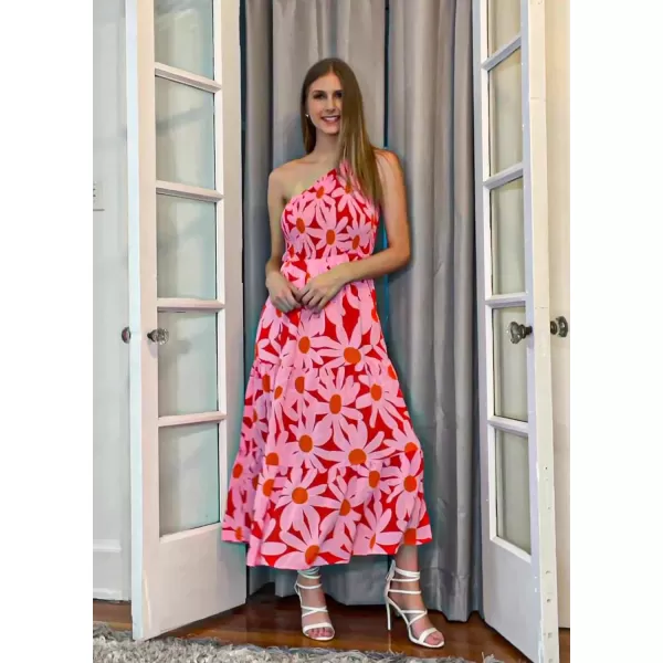 BTFBM Women One Shoulder Summer Dresses 2024 Sleeveless Casual High Waist Floral Flowy Beach Boho Smocked Maxi DressFloral Red