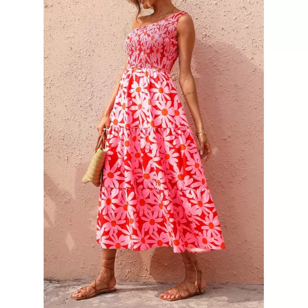 BTFBM Women One Shoulder Summer Dresses 2024 Sleeveless Casual High Waist Floral Flowy Beach Boho Smocked Maxi DressFloral Red