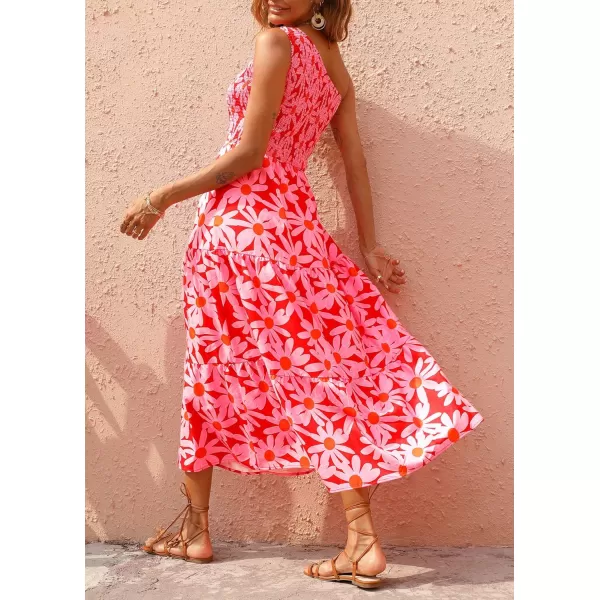 BTFBM Women One Shoulder Summer Dresses 2024 Sleeveless Casual High Waist Floral Flowy Beach Boho Smocked Maxi DressFloral Red