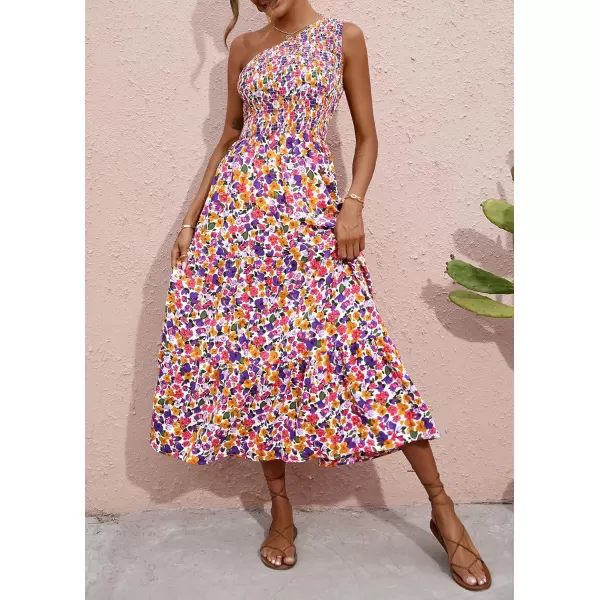 BTFBM Women One Shoulder Summer Dresses 2024 Sleeveless Casual High Waist Floral Flowy Beach Boho Smocked Maxi DressFloral White Purple