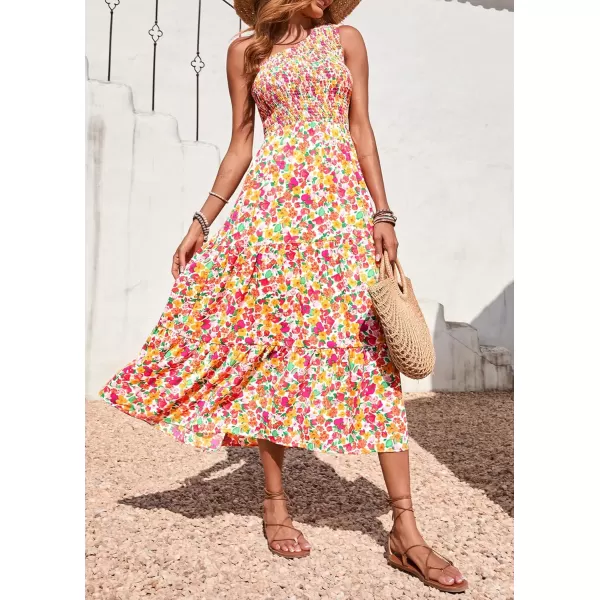 BTFBM Women One Shoulder Summer Dresses 2024 Sleeveless Casual High Waist Floral Flowy Beach Boho Smocked Maxi DressFloral White Red