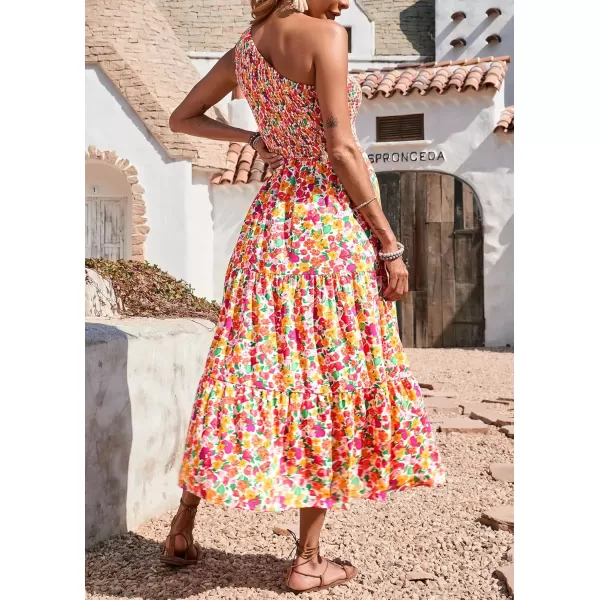 BTFBM Women One Shoulder Summer Dresses 2024 Sleeveless Casual High Waist Floral Flowy Beach Boho Smocked Maxi DressFloral White Red