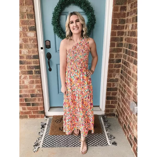 BTFBM Women One Shoulder Summer Dresses 2024 Sleeveless Casual High Waist Floral Flowy Beach Boho Smocked Maxi DressFloral White Red