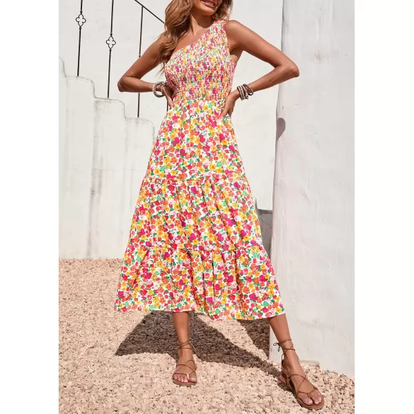 BTFBM Women One Shoulder Summer Dresses 2024 Sleeveless Casual High Waist Floral Flowy Beach Boho Smocked Maxi DressFloral White Red