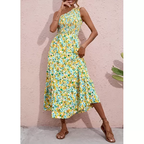 BTFBM Women One Shoulder Summer Dresses 2024 Sleeveless Casual High Waist Floral Flowy Beach Boho Smocked Maxi DressFloral White Yellow