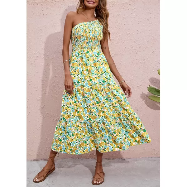 BTFBM Women One Shoulder Summer Dresses 2024 Sleeveless Casual High Waist Floral Flowy Beach Boho Smocked Maxi DressFloral White Yellow