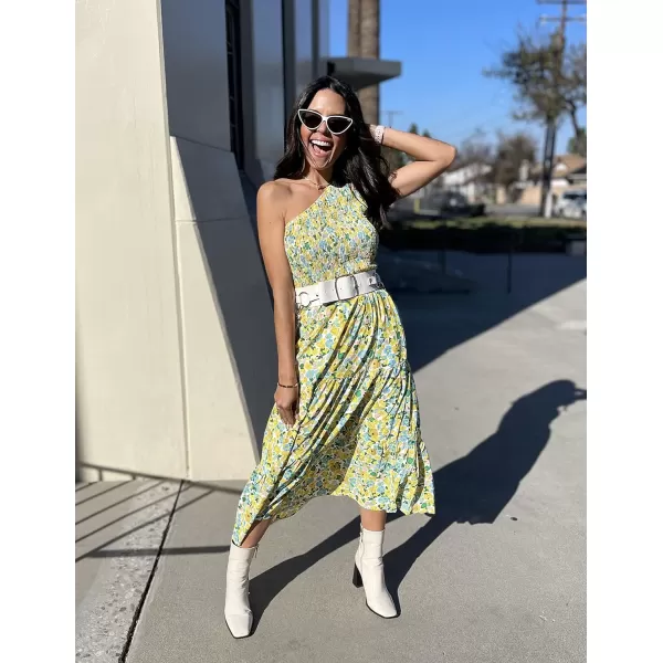 BTFBM Women One Shoulder Summer Dresses 2024 Sleeveless Casual High Waist Floral Flowy Beach Boho Smocked Maxi DressFloral White Yellow