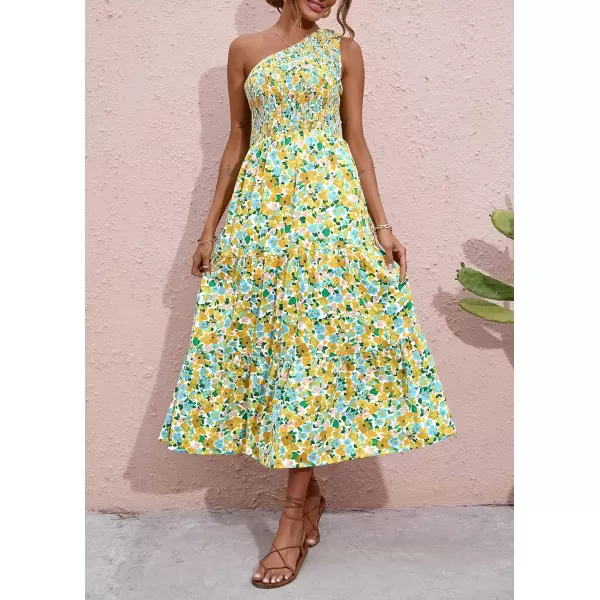 BTFBM Women One Shoulder Summer Dresses 2024 Sleeveless Casual High Waist Floral Flowy Beach Boho Smocked Maxi DressFloral White Yellow