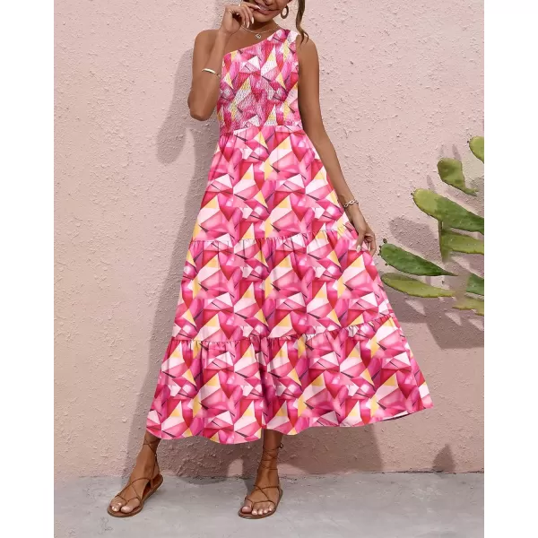 BTFBM Women One Shoulder Summer Dresses 2024 Sleeveless Casual High Waist Floral Flowy Beach Boho Smocked Maxi DressGeometry Red