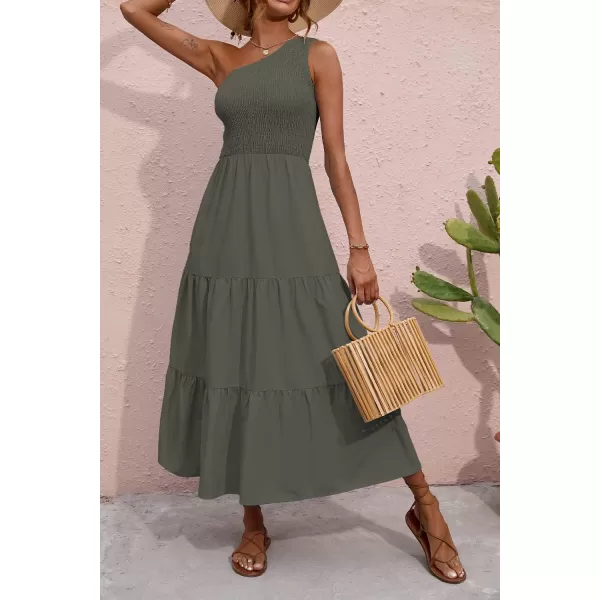 BTFBM Women One Shoulder Summer Dresses 2024 Sleeveless Casual High Waist Floral Flowy Beach Boho Smocked Maxi DressSolid Army Green