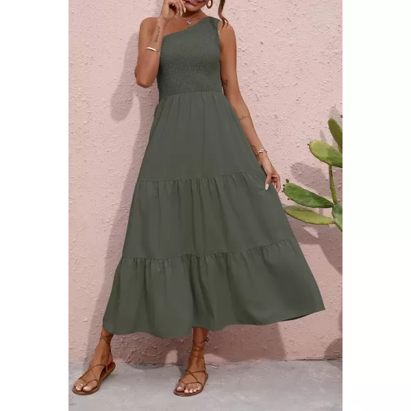 BTFBM Women One Shoulder Summer Dresses 2024 Sleeveless Casual High Waist Floral Flowy Beach Boho Smocked Maxi DressSolid Army Green