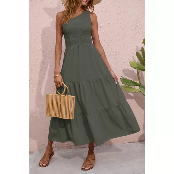 BTFBM Women One Shoulder Summer Dresses 2024 Sleeveless Casual High Waist Floral Flowy Beach Boho Smocked Maxi DressSolid Army Green