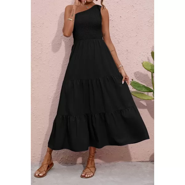 BTFBM Women One Shoulder Summer Dresses 2024 Sleeveless Casual High Waist Floral Flowy Beach Boho Smocked Maxi DressSolid Black