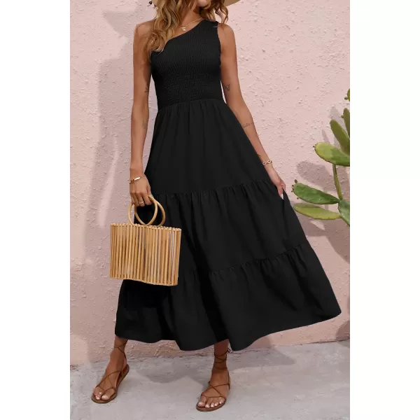 BTFBM Women One Shoulder Summer Dresses 2024 Sleeveless Casual High Waist Floral Flowy Beach Boho Smocked Maxi DressSolid Black