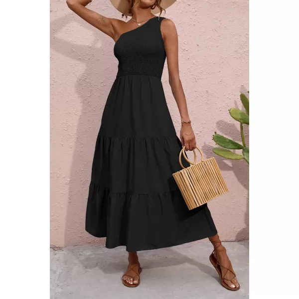 BTFBM Women One Shoulder Summer Dresses 2024 Sleeveless Casual High Waist Floral Flowy Beach Boho Smocked Maxi DressSolid Black