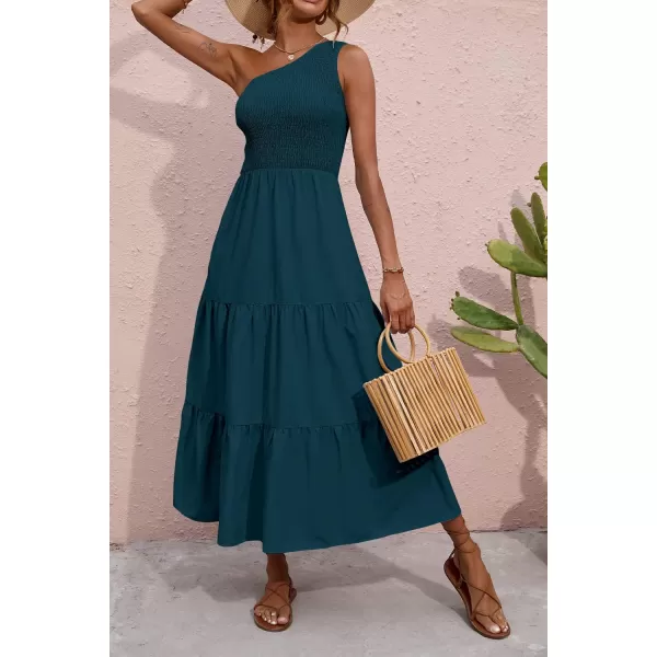 BTFBM Women One Shoulder Summer Dresses 2024 Sleeveless Casual High Waist Floral Flowy Beach Boho Smocked Maxi DressSolid Grey Blue