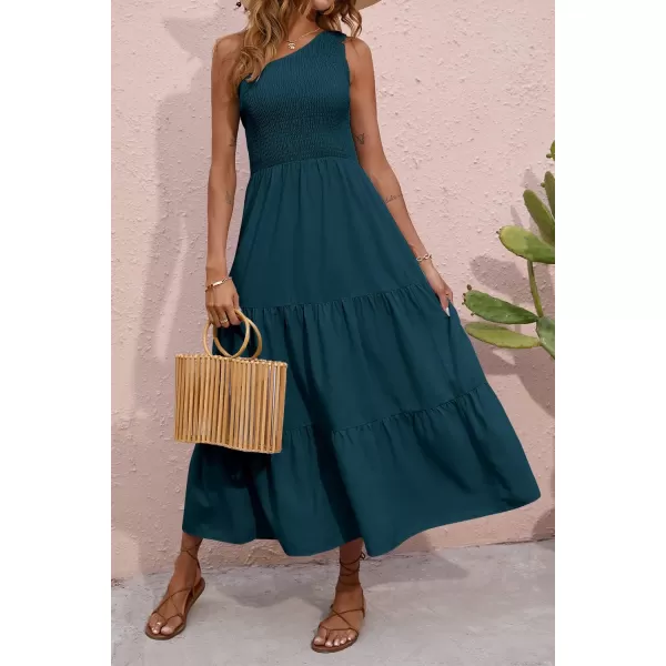 BTFBM Women One Shoulder Summer Dresses 2024 Sleeveless Casual High Waist Floral Flowy Beach Boho Smocked Maxi DressSolid Grey Blue