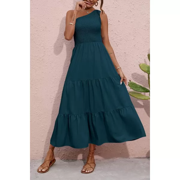 BTFBM Women One Shoulder Summer Dresses 2024 Sleeveless Casual High Waist Floral Flowy Beach Boho Smocked Maxi DressSolid Grey Blue