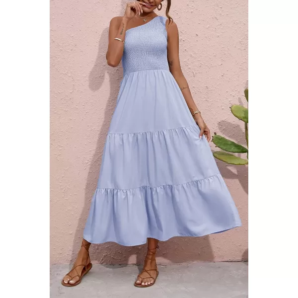 BTFBM Women One Shoulder Summer Dresses 2024 Sleeveless Casual High Waist Floral Flowy Beach Boho Smocked Maxi DressSolid Light Blue